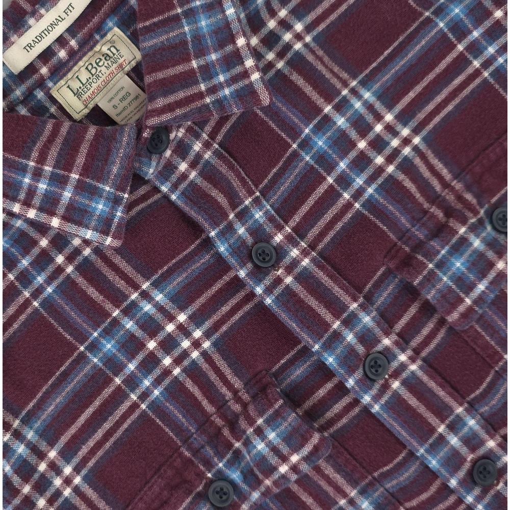 L.L.Bean Shirt Mens Small Burgundy Plaid Long Sleeve Chamois Flannel Pockets